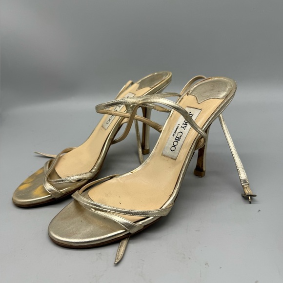 Jimmy Choo Shoes - Jimmy Choo Gold Leather Spaghetti  Straps Pumps 37.5